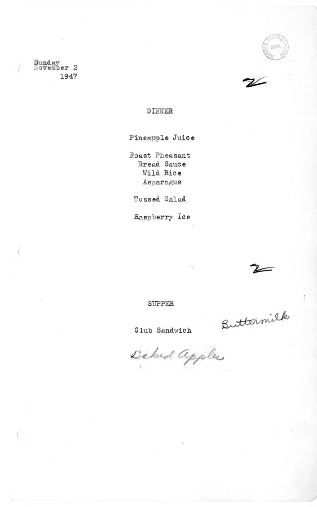 White House Dinner and Supper Menu