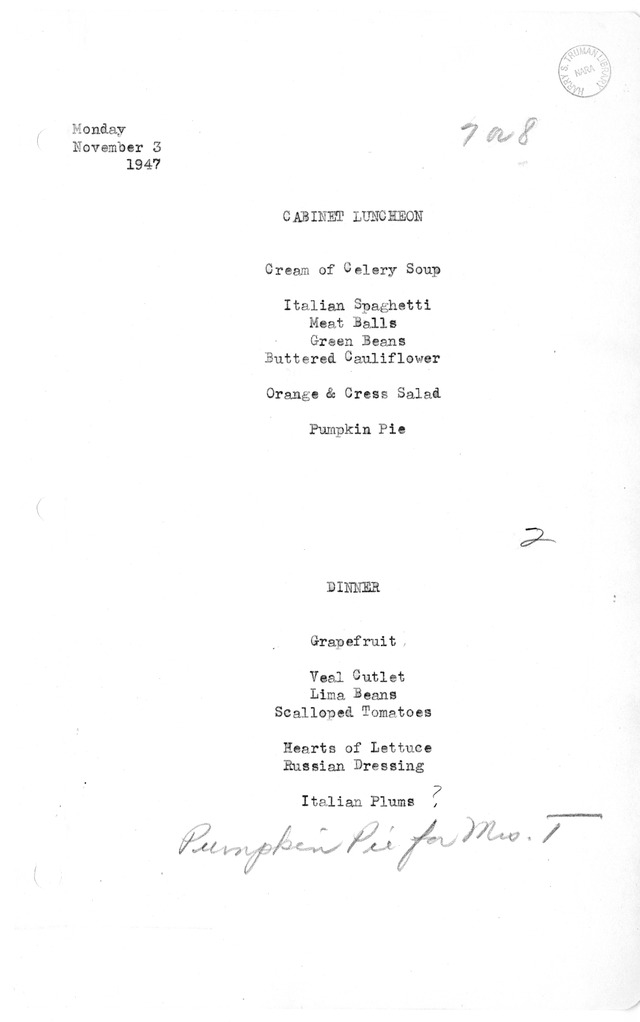 White House Luncheon and Dinner Menu