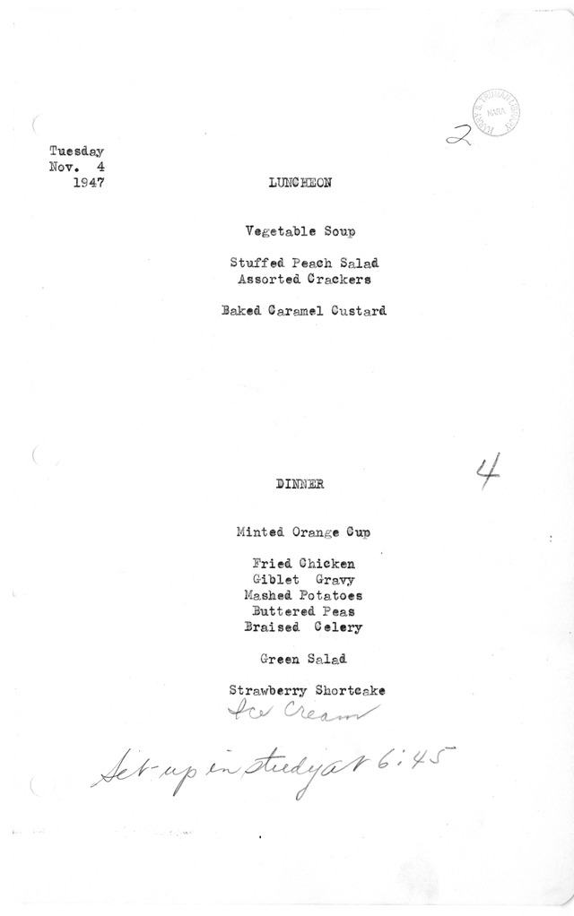 White House Luncheon and Dinner Menu