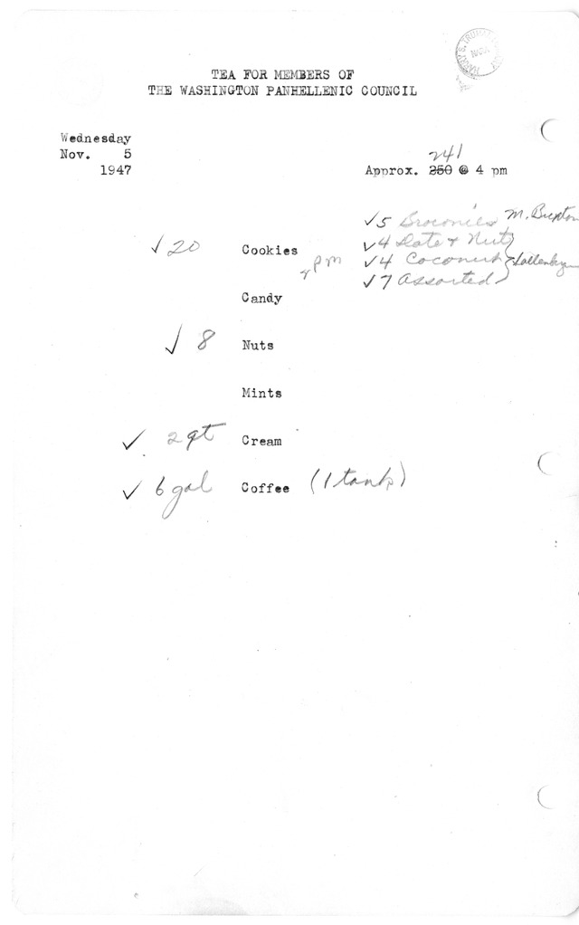 Shopping List for Tea for Members of the Washington Panhellenic Council