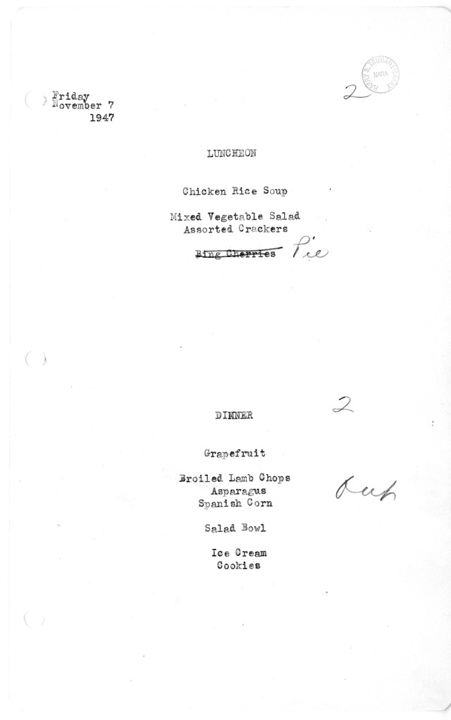 White House Luncheon and Dinner Menu