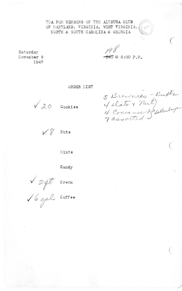 Shopping List for Tea for Members of the Altrusa Club of Maryland, Virginia, West Virginia, North & South Carolina, and Georgia