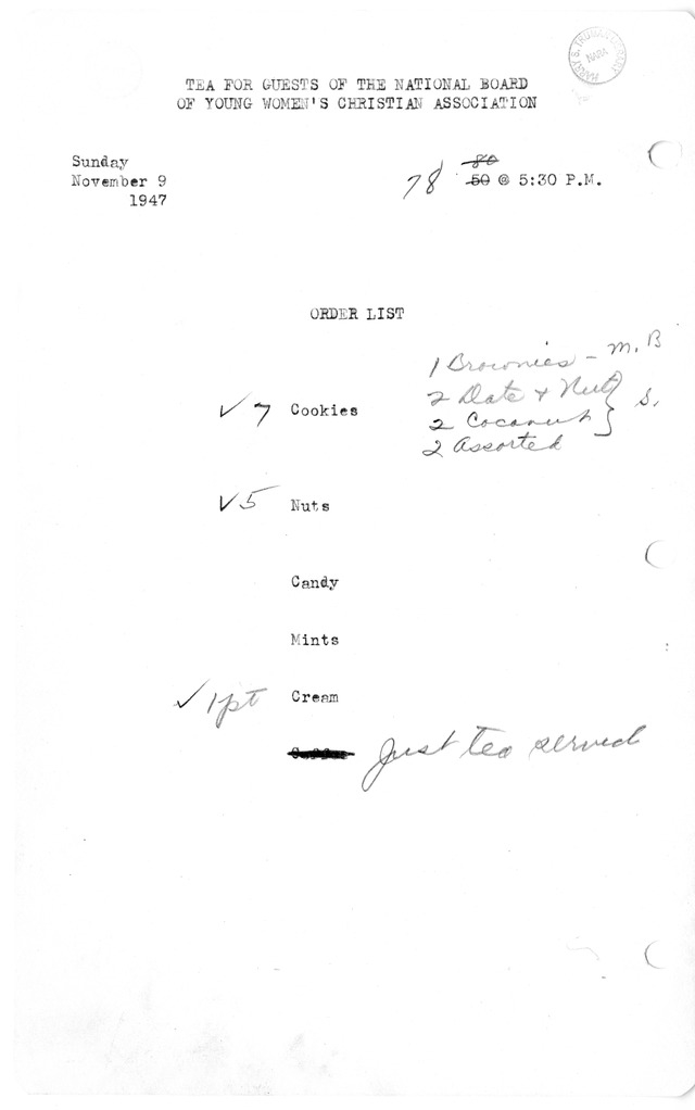 Shopping List for Tea for Guests of the National Board of the Young Women's Christian Association