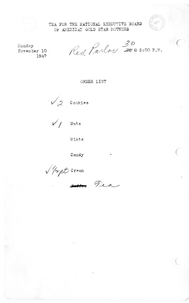 Shopping List for Tea for the National Executive Board of American Gold Star Mothers
