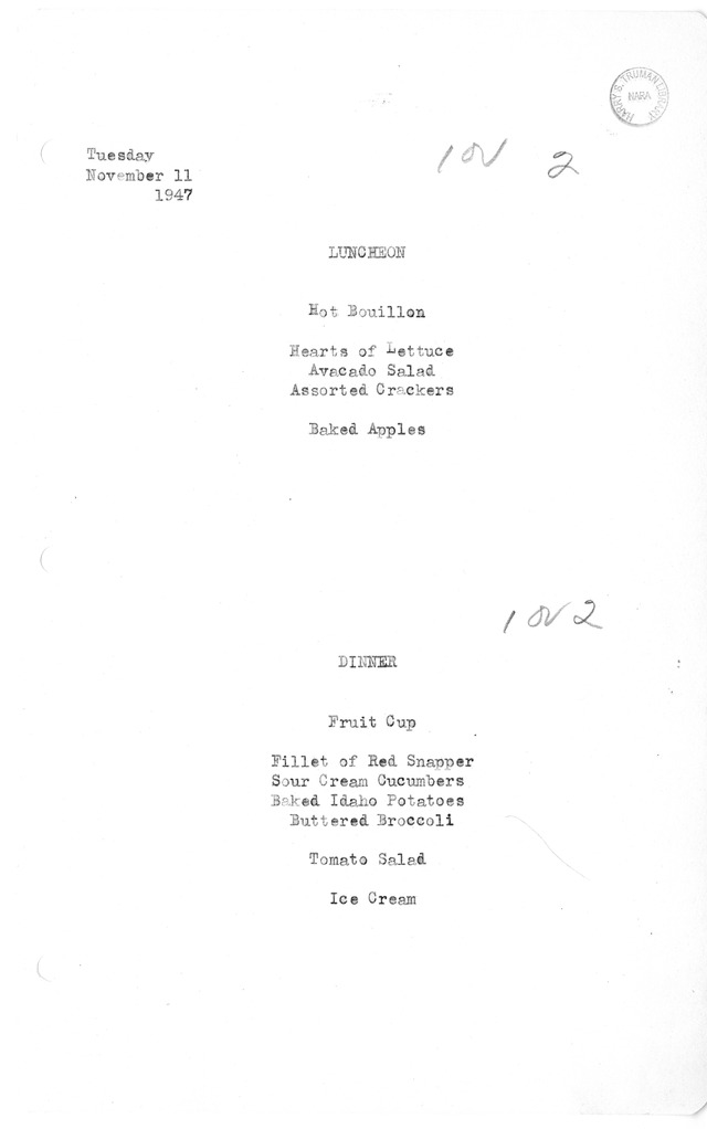 White House Luncheon and Dinner Menu