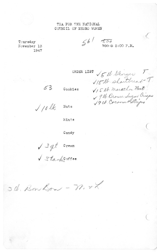 Shopping List for Tea for the National Council of Negro Women