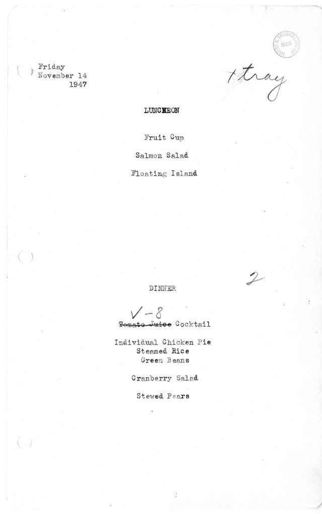 White House Luncheon and Dinner Menu