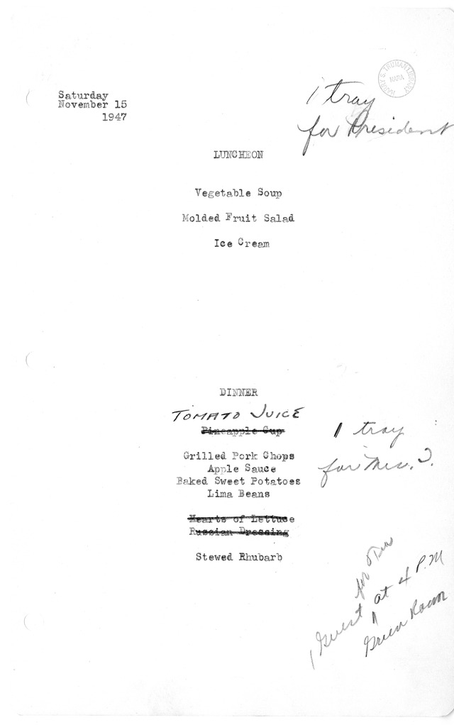 White House Luncheon and Dinner Menu