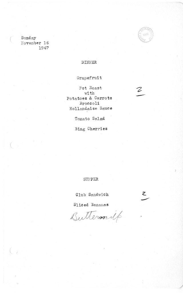 White House Dinner and Supper Menu