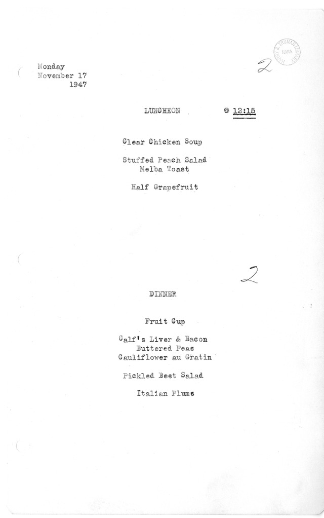 White House Luncheon and Dinner Menu