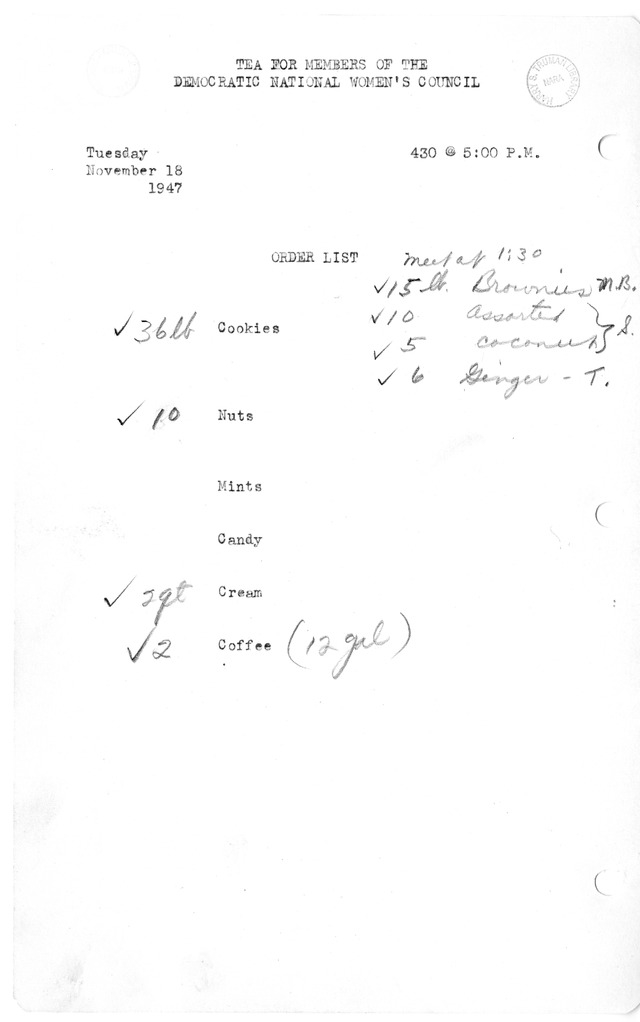 Shopping List for Tea for Members of the Democratic National Women's Council