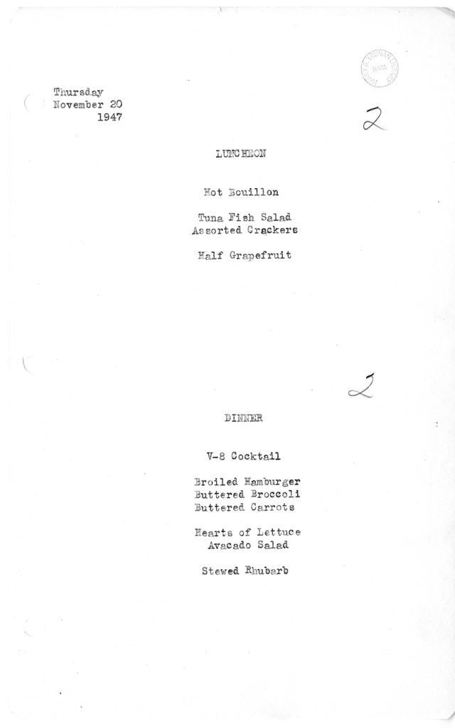 White House Luncheon and Dinner Menu