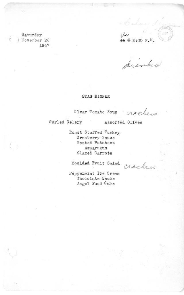 Menu for Stag Dinner for White House Staff, Newsmen, and Photographers Who Returned with President Harry S. Truman on the USS Missouri from Brazil in September