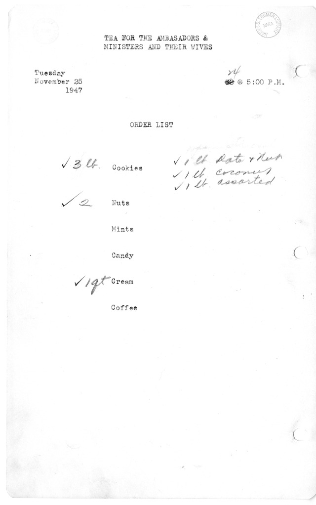 Shopping List for Tea for the Ambassadors & Ministers and Their Wives