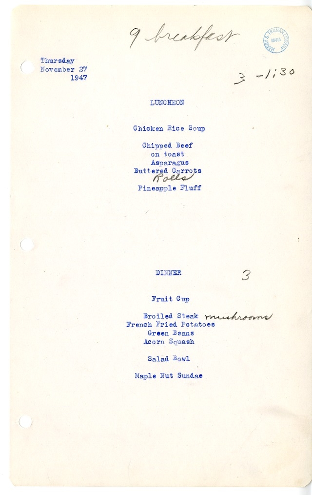 White House Luncheon and Dinner Menu