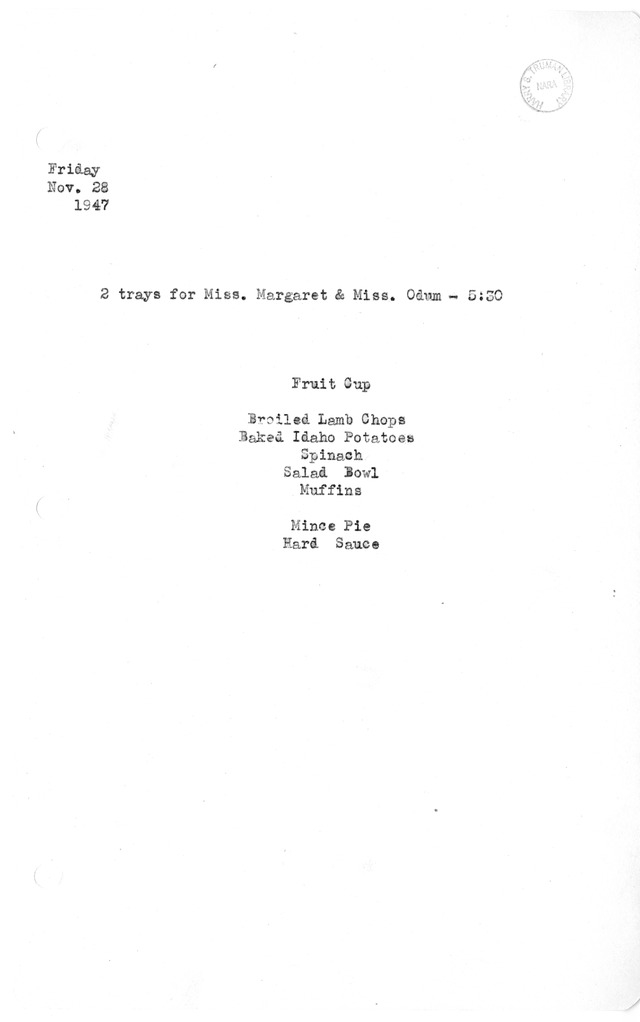 White House Dinner Menu for Miss Margaret Truman and Miss Reathel Odum