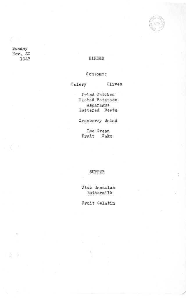 White House Dinner and Supper Menu