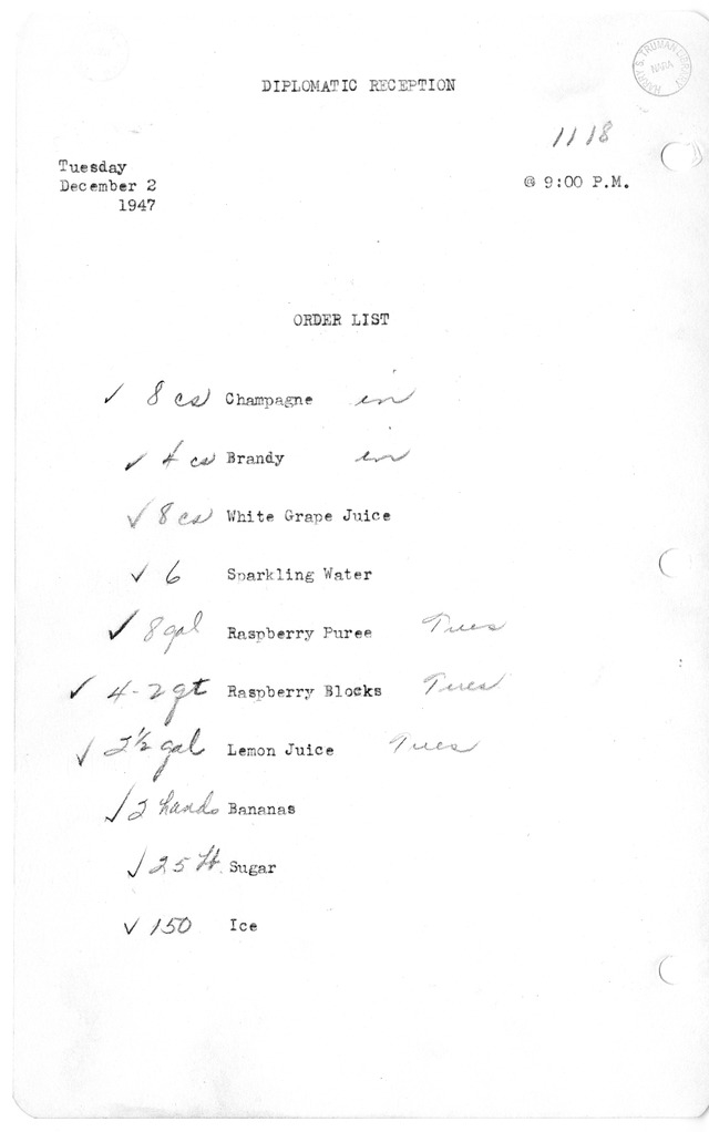 Shopping List for Diplomatic Reception