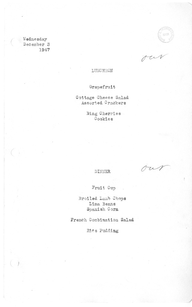 White House Luncheon and Dinner Menu