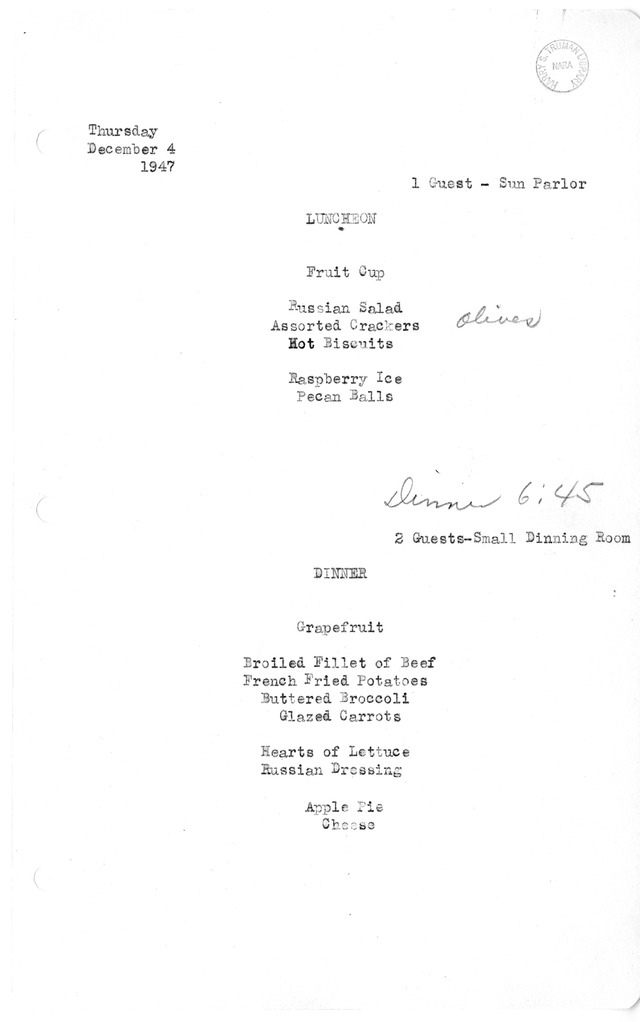 White House Luncheon and Dinner Menu