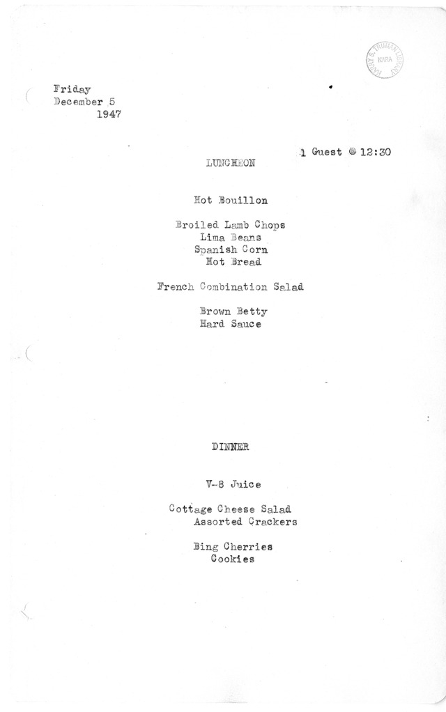 White House Luncheon and Dinner Menu