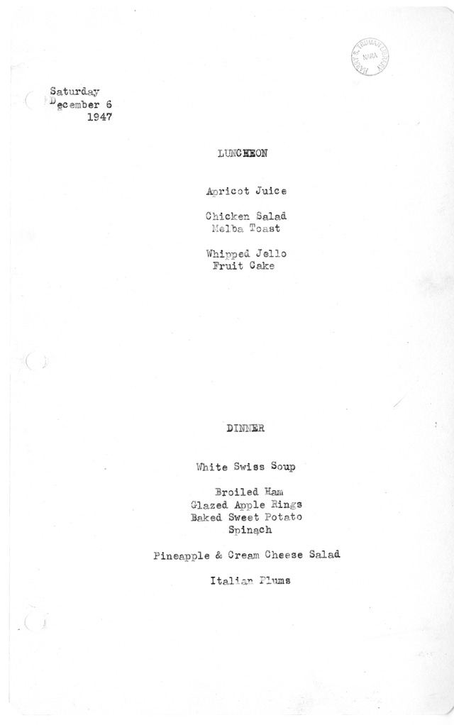White House Luncheon and Dinner Menu
