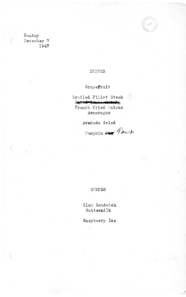White House Dinner and Supper Menu