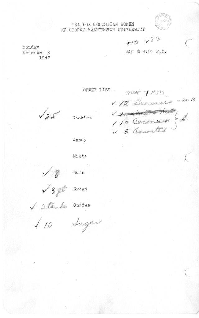 Shopping List for Tea for Columbian Women of George Washington University