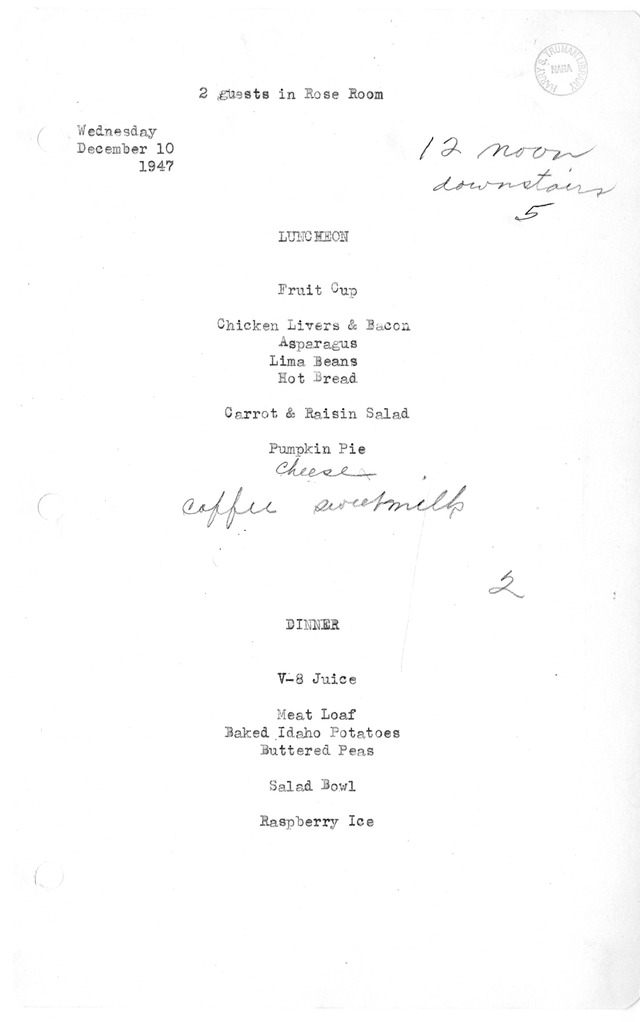 White House Luncheon and Dinner Menu