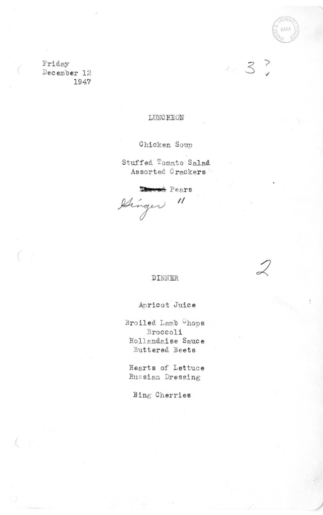 White House Luncheon and Dinner Menu