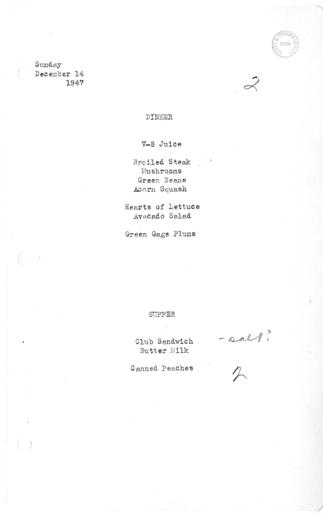 White House Dinner and Supper Menu