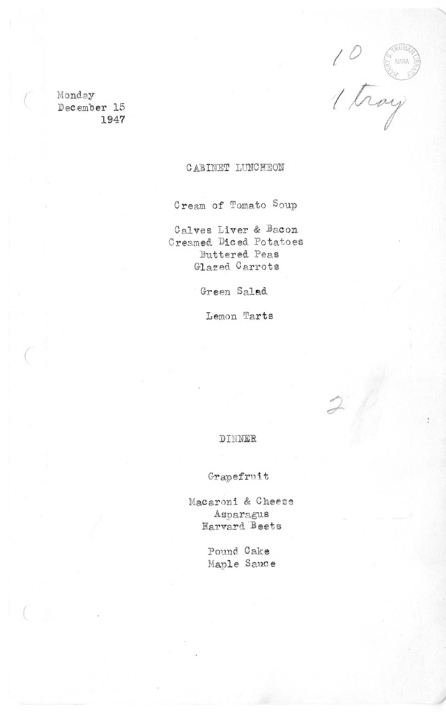 White House Luncheon and Dinner Menu