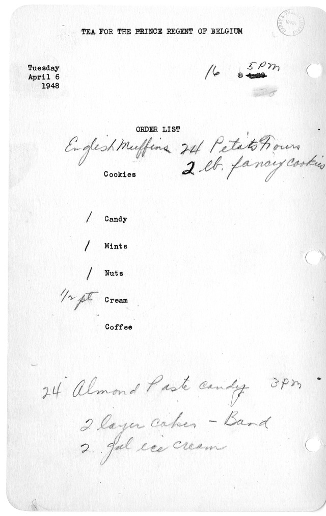 Shopping List for Tea for the Prince Regent of Belgium