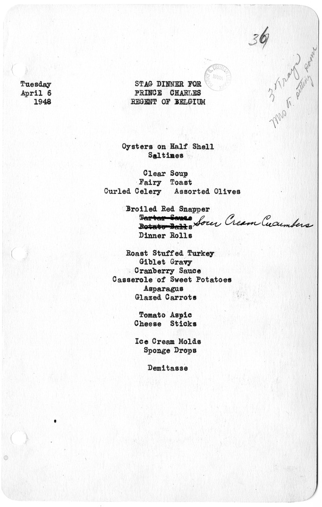 Menu for Dinner for the Prince Regent of Belgium