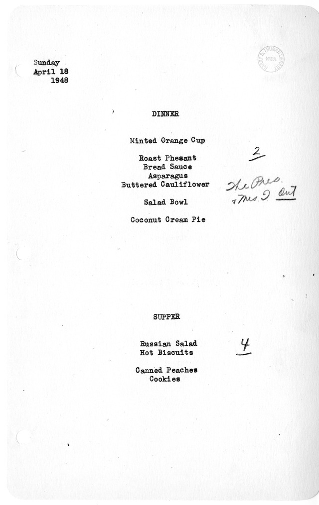 White House Dinner and Supper Menu