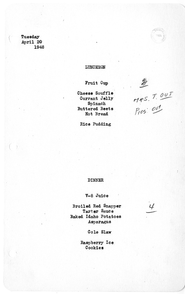 White House Luncheon and Dinner Menu
