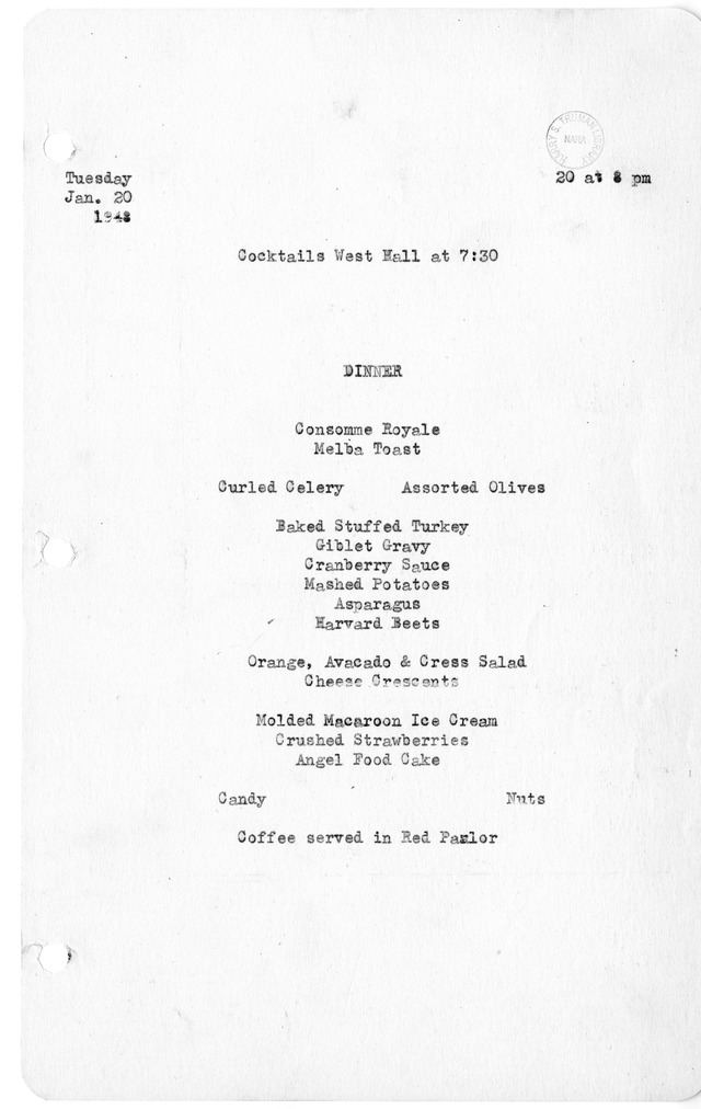 White House Menu for Dinner in Honor of Carlos Martins, Ambassador of Brazil