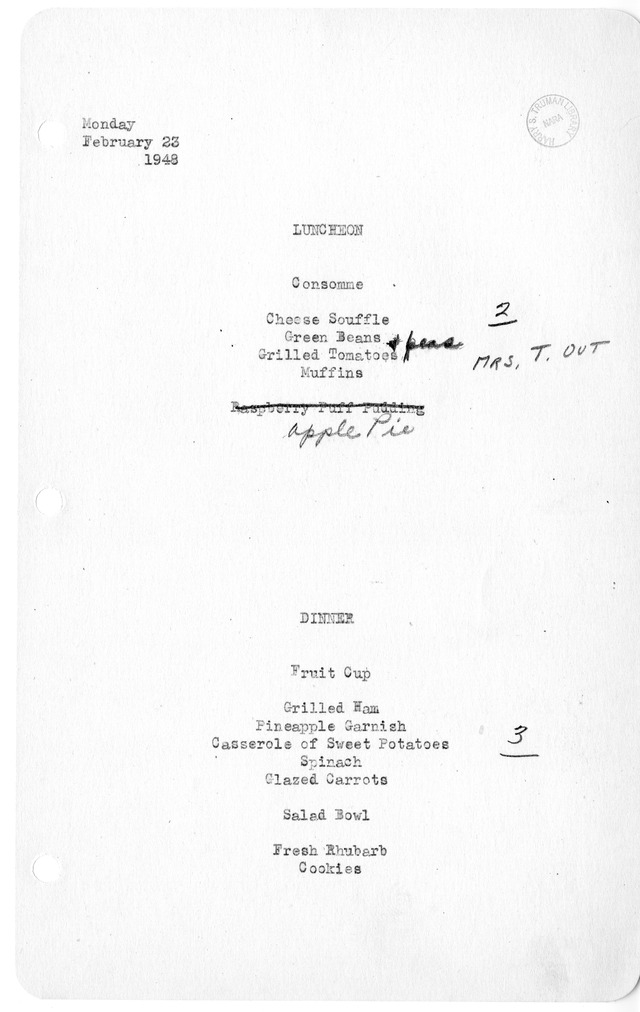White House Luncheon and Dinner Menu