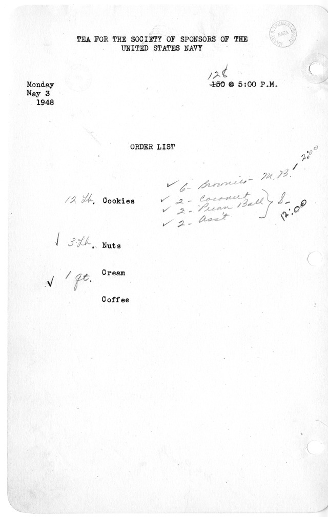 Shopping List for Tea for the Society of Sponsors of the United States Navy