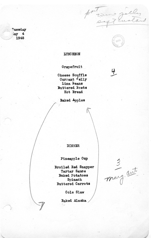 White House Luncheon and Dinner Menu