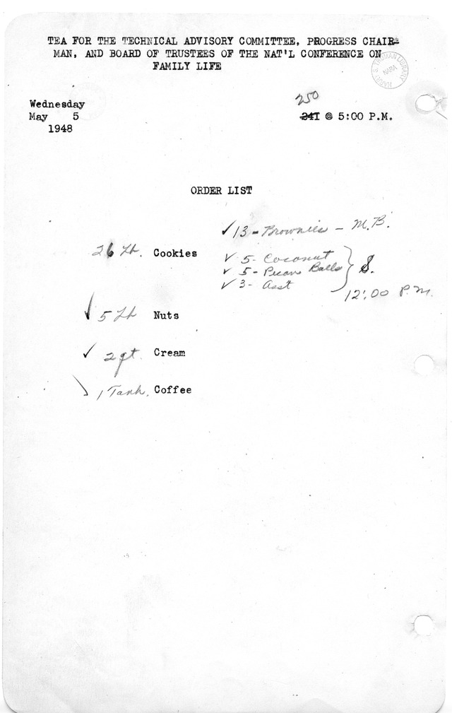 Shopping List for Tea for the Technical Advisory Committee, Progress Chairman, and Board of Trustees of the National Conference on Family Life