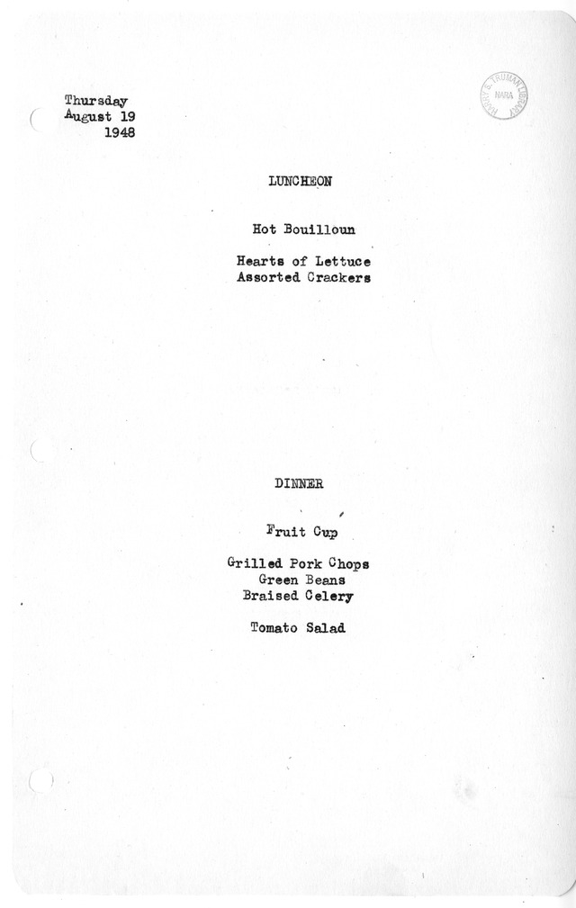 White House Luncheon and Dinner Menu
