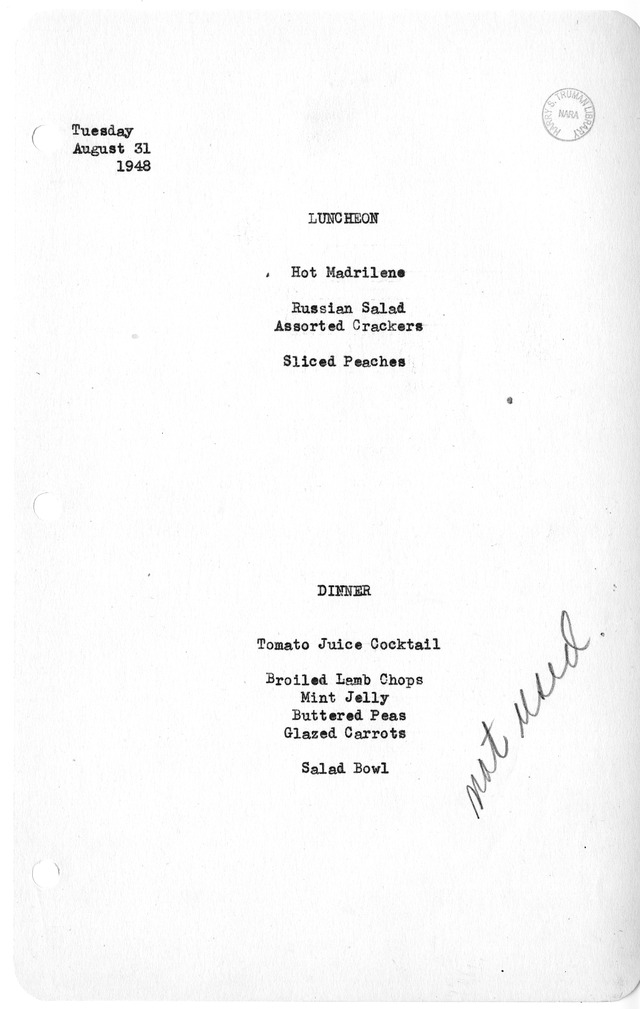 White House Luncheon and Dinner Menu