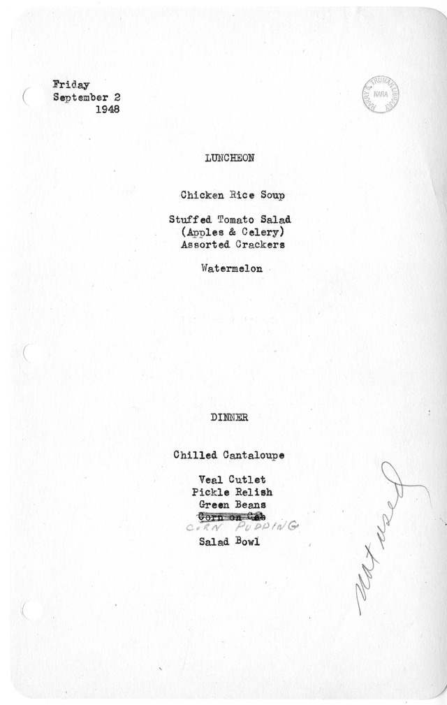 White House Luncheon and Dinner Menu