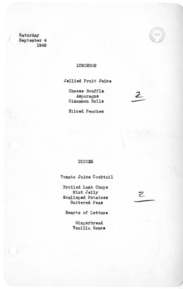 White House Luncheon and Dinner Menu