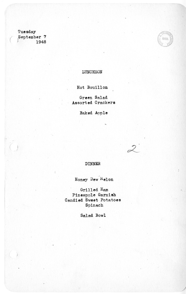White House Luncheon and Dinner Menu