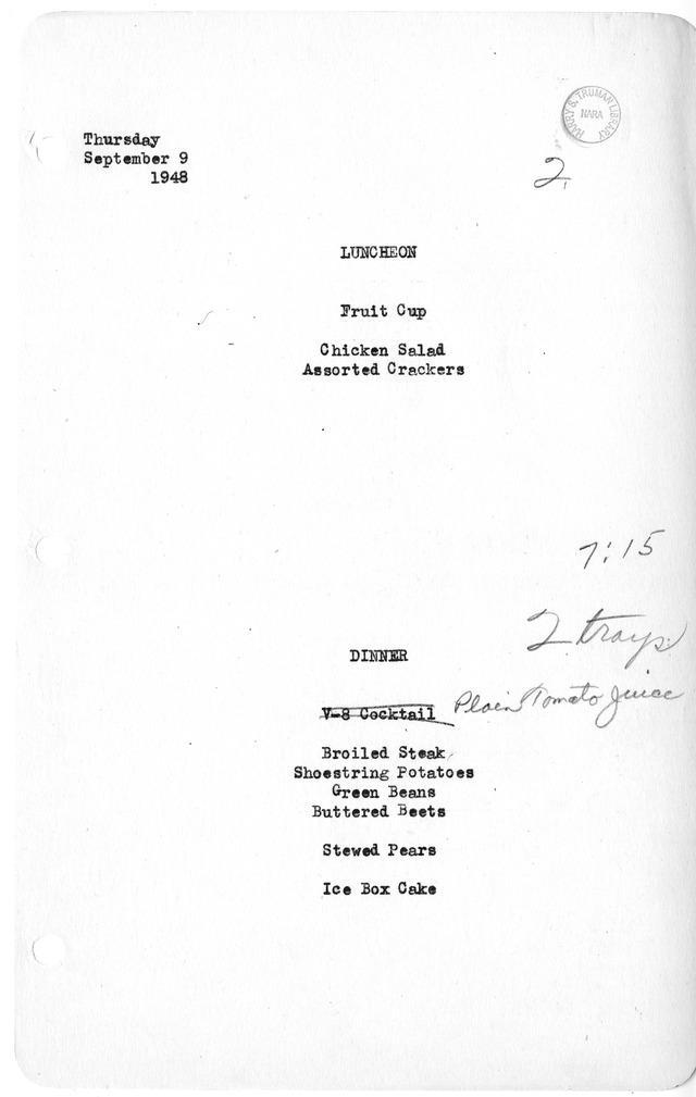 White House Luncheon and Dinner Menu