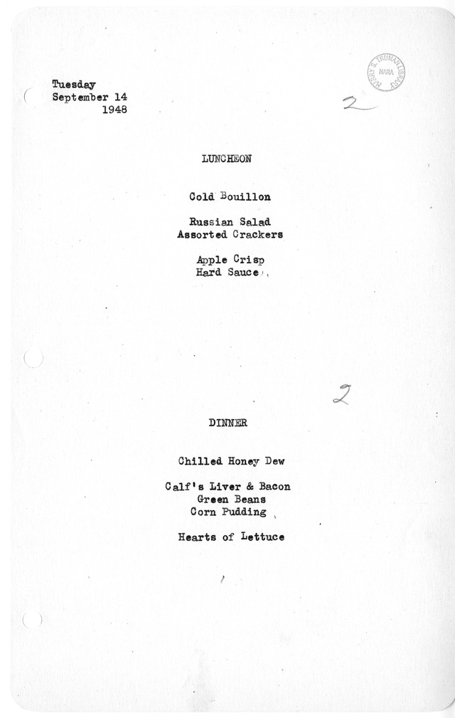 White House Luncheon and Dinner Menu