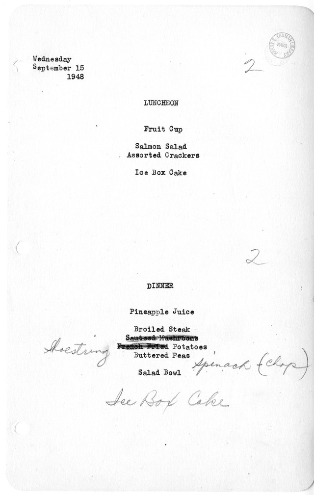White House Luncheon and Dinner Menu