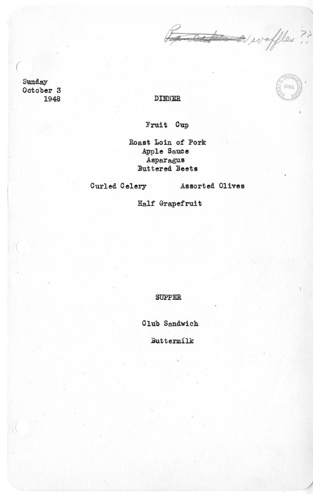 White House Dinner and Supper Menu